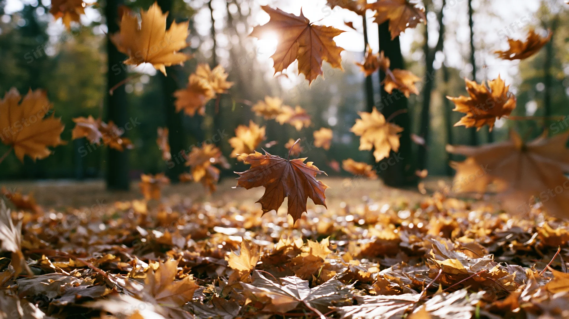 Maple leaves falling through sunlight in an autumn park
