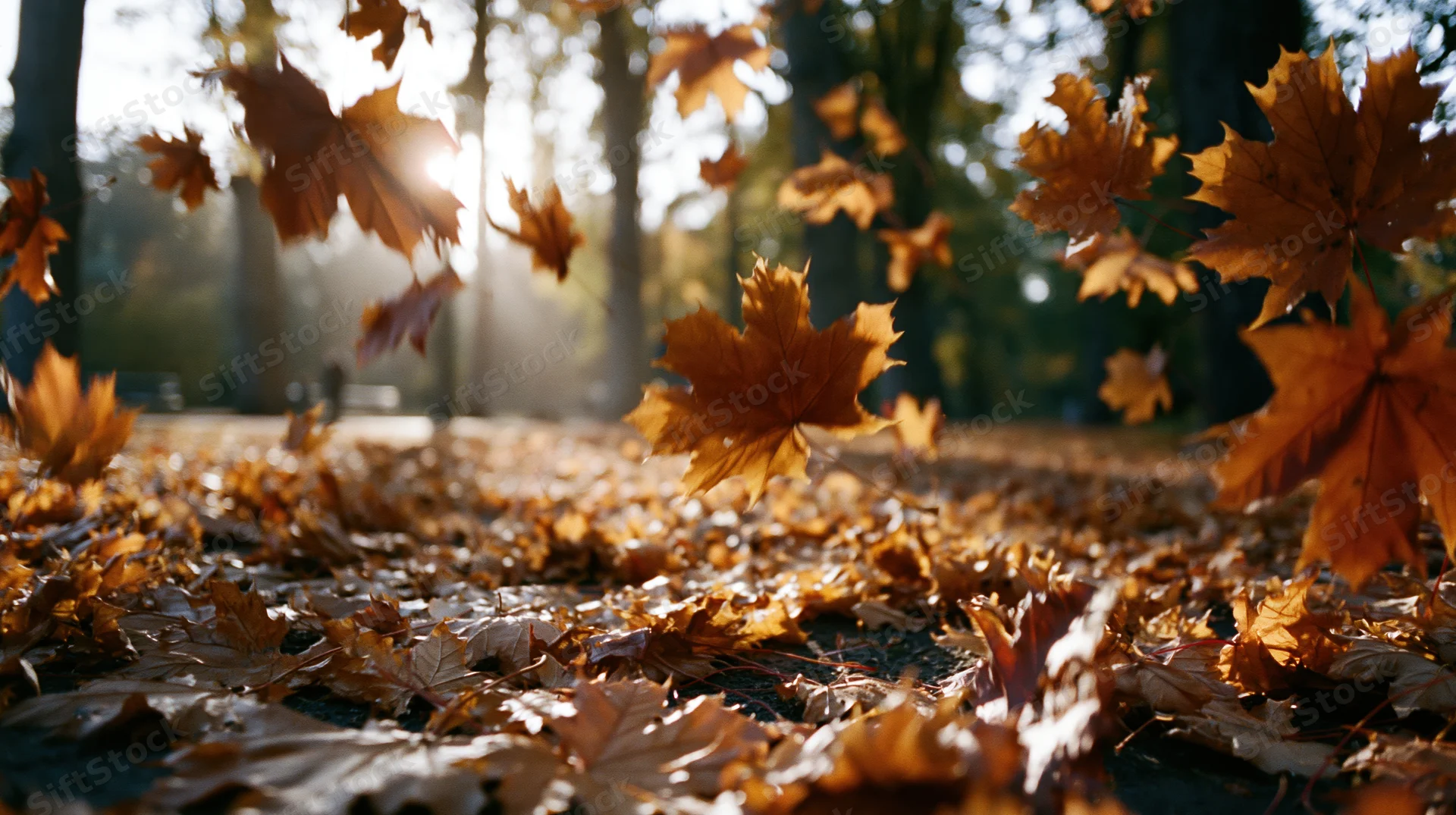 Maple leaves falling in an autumn park with sunlight filtering through trees