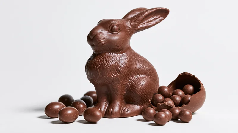Chocolate easter bunny figurine with molded fur detail surrounded by chocolate eggs and balls on white background