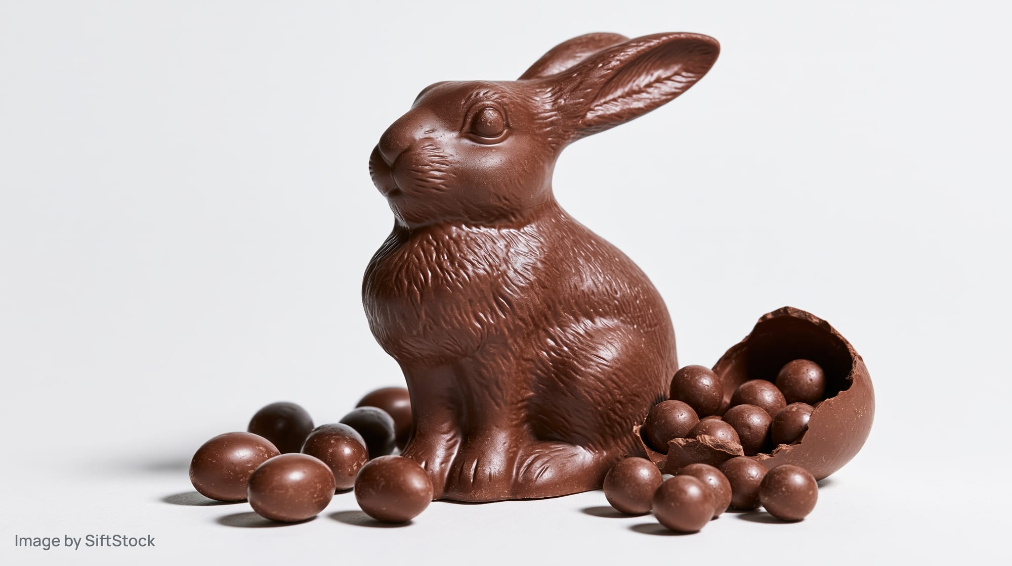 Chocolate easter bunny figurine with molded fur detail surrounded by chocolate eggs and balls on white background