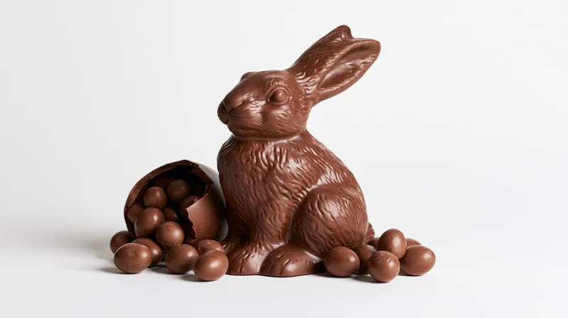 Milk chocolate easter bunny figurine with molded fur detail beside a broken chocolate egg and scattered candy balls on white background