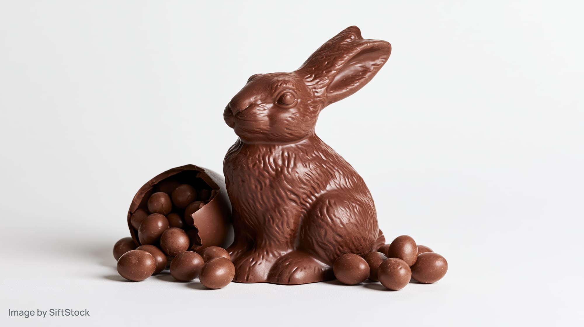 Milk chocolate easter bunny figurine with molded fur detail beside a broken chocolate egg and scattered candy balls on white background