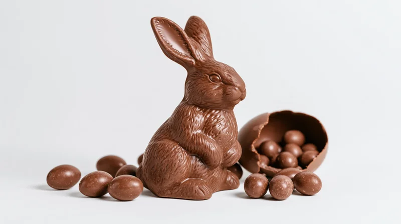 Chocolate bunny figurine with broken egg and scattered chocolate spheres on white background