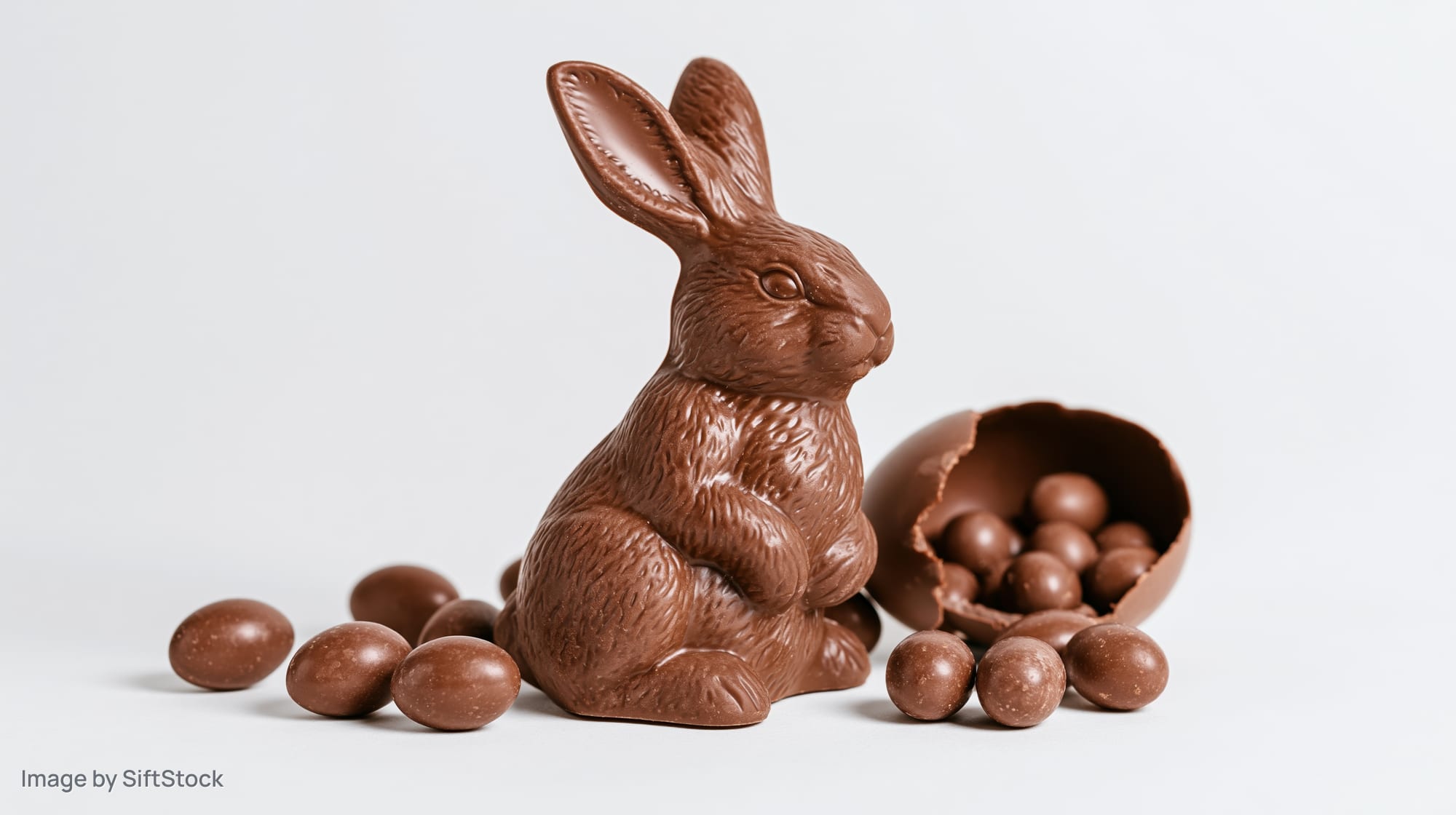 Chocolate bunny figurine with broken egg and scattered chocolate spheres on white background