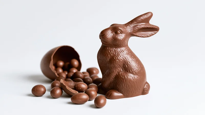 Chocolate easter bunny figurine with spilled chocolate eggs on white background