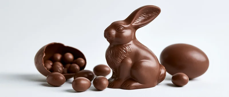 Chocolate easter bunny figurine with molded fur detail surrounded by chocolate eggs and candies on white background