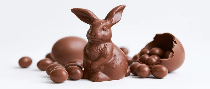 Chocolate easter bunny figurine with molded fur detail surrounded by chocolate eggs and spheres on white background