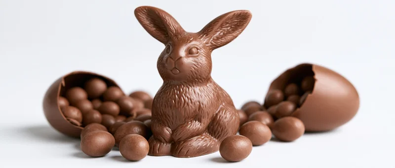 Chocolate bunny figurine surrounded by broken chocolate eggs and small chocolate spheres on white background