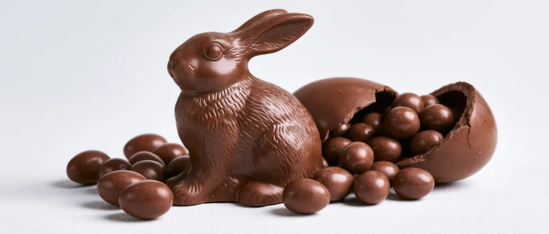 Chocolate bunny figurine with broken egg and scattered chocolate spheres on white background