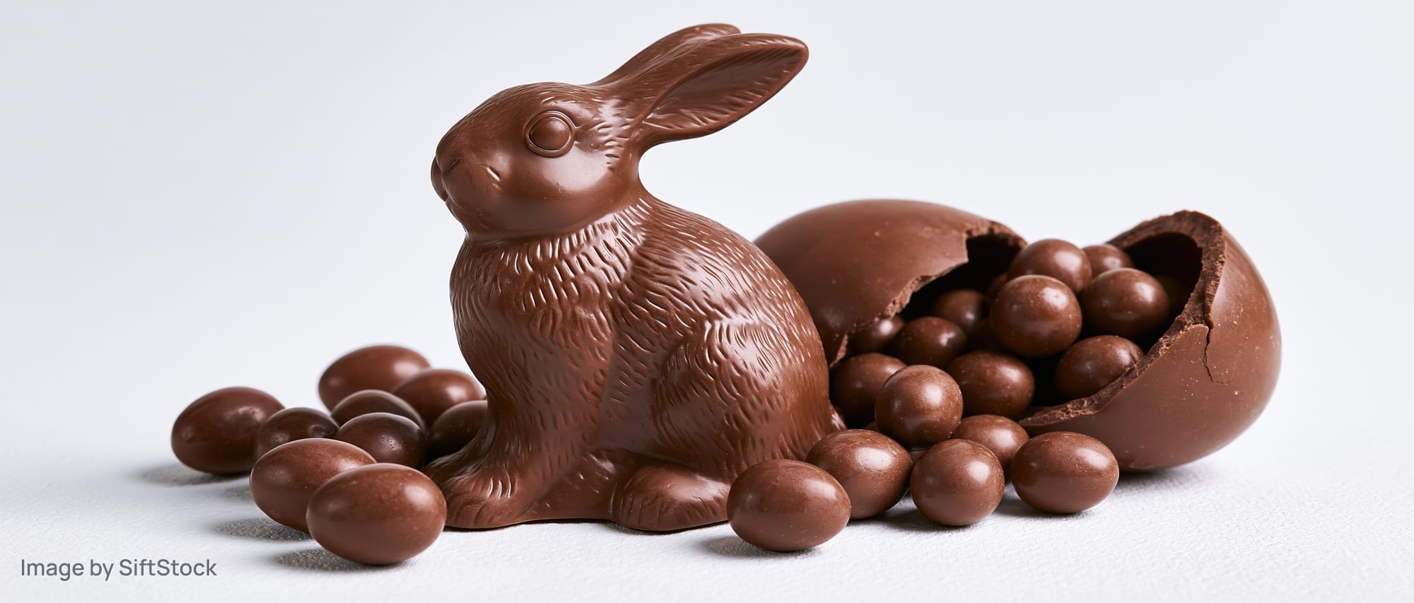 Chocolate bunny figurine with broken egg and scattered chocolate spheres on white background