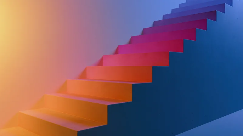 Concrete staircase ascending diagonally with colorful gradient lighting in minimalist interior