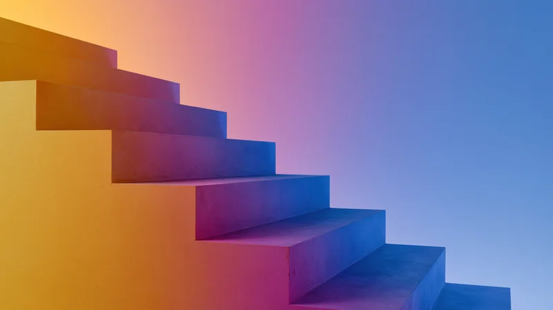 Concrete staircase ascending diagonally in a minimalist interior with gradient lighting
