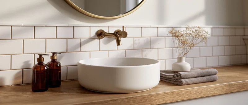 White vessel sink on wooden vanity with brass faucet and subway tile backsplash