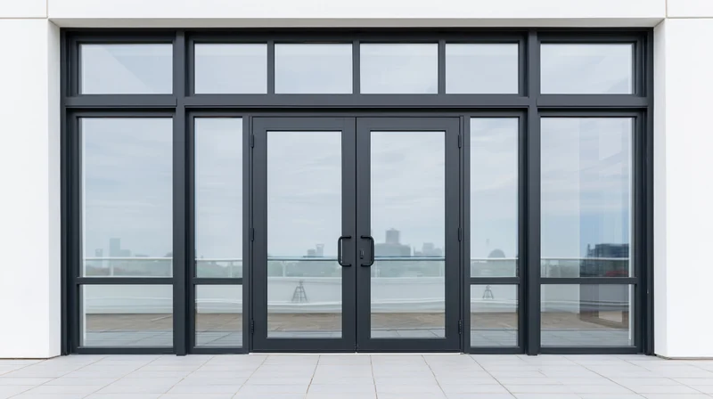 Modern commercial building entrance with double glass doors framed in black metal, reflecting city skyline through transparent panels