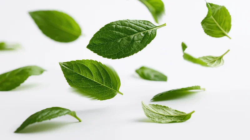 Green mint leaves floating mid-air against a white background