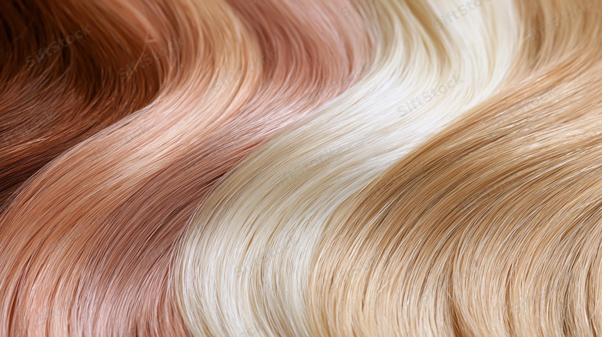 Flowing hair color swatches arranged side by side showing various shades from brown to blonde