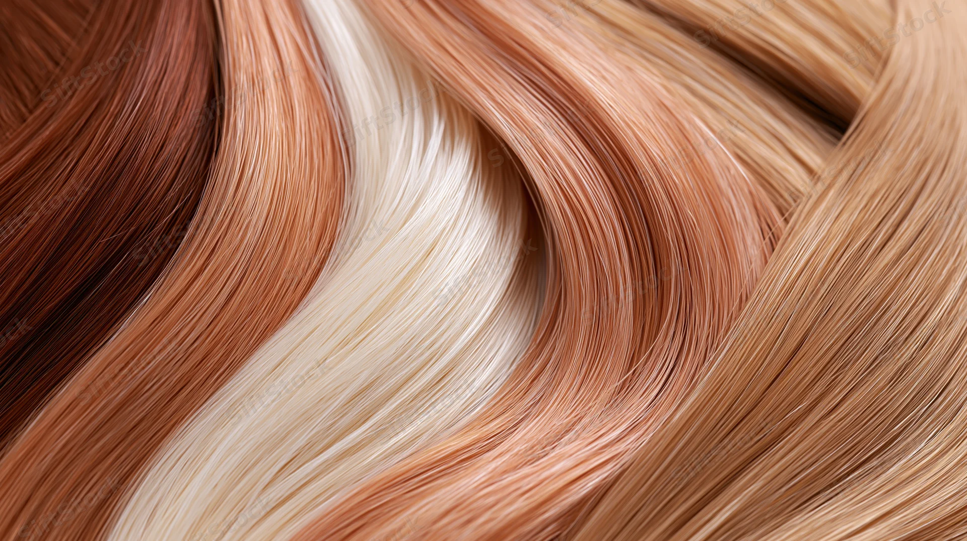 Flowing hair color swatches arranged side by side showcasing blonde brown and auburn tones