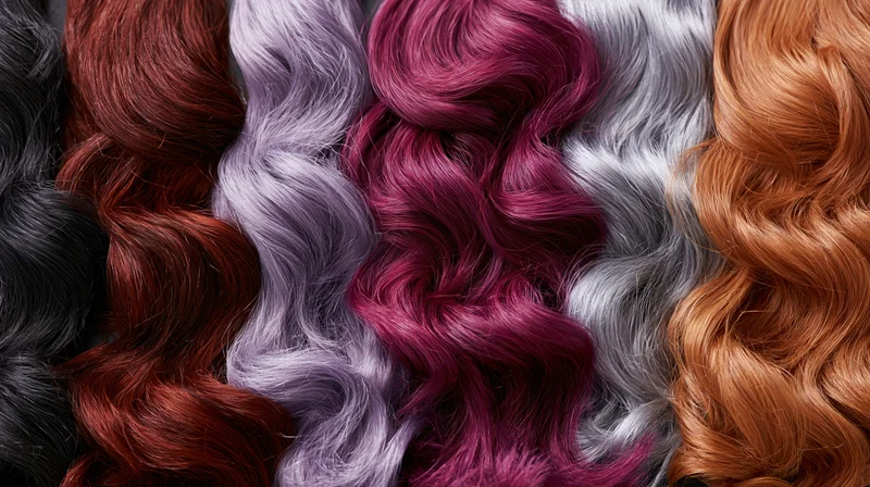 Multiple hair color swatches arranged side by side in wavy strands