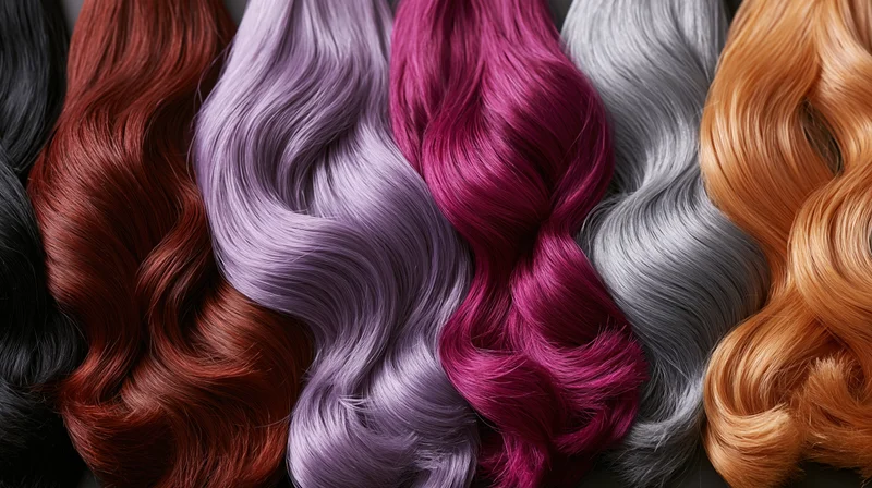 Multiple hair color swatches arranged side by side in wavy strands