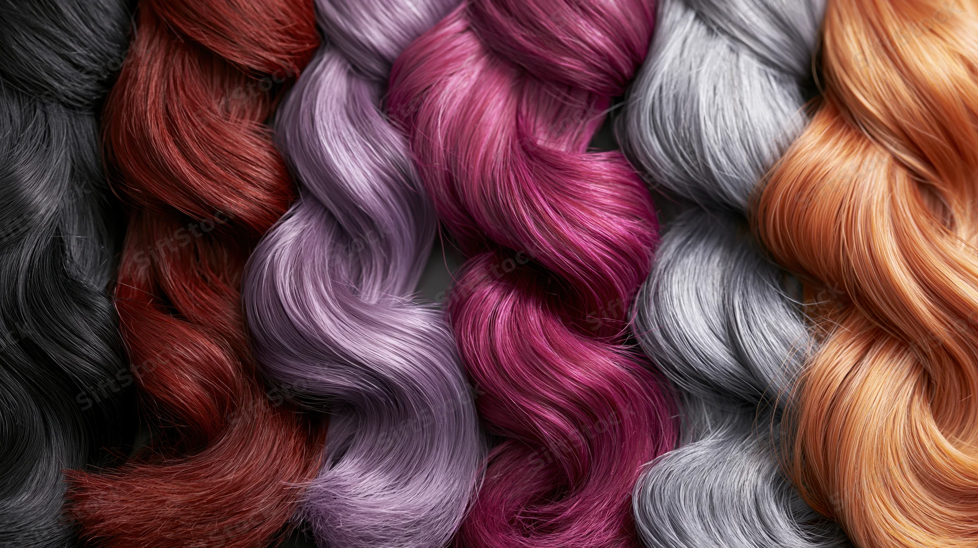 Multiple hair color swatches arranged side by side in wavy strands