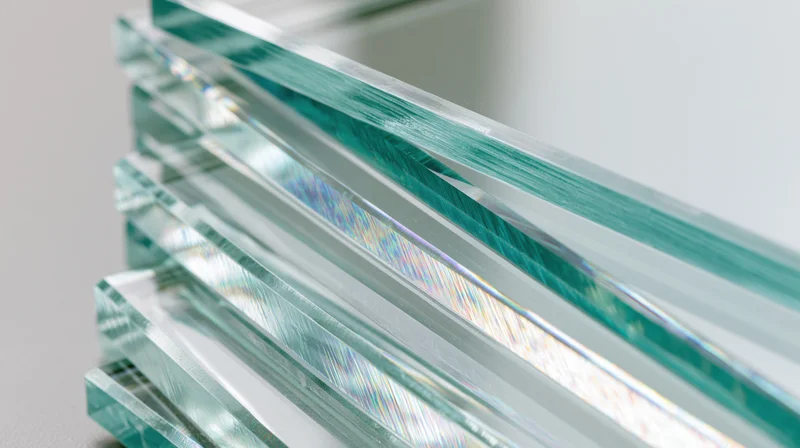 Stacked sheets of clear float glass fanned to show edges and light refraction