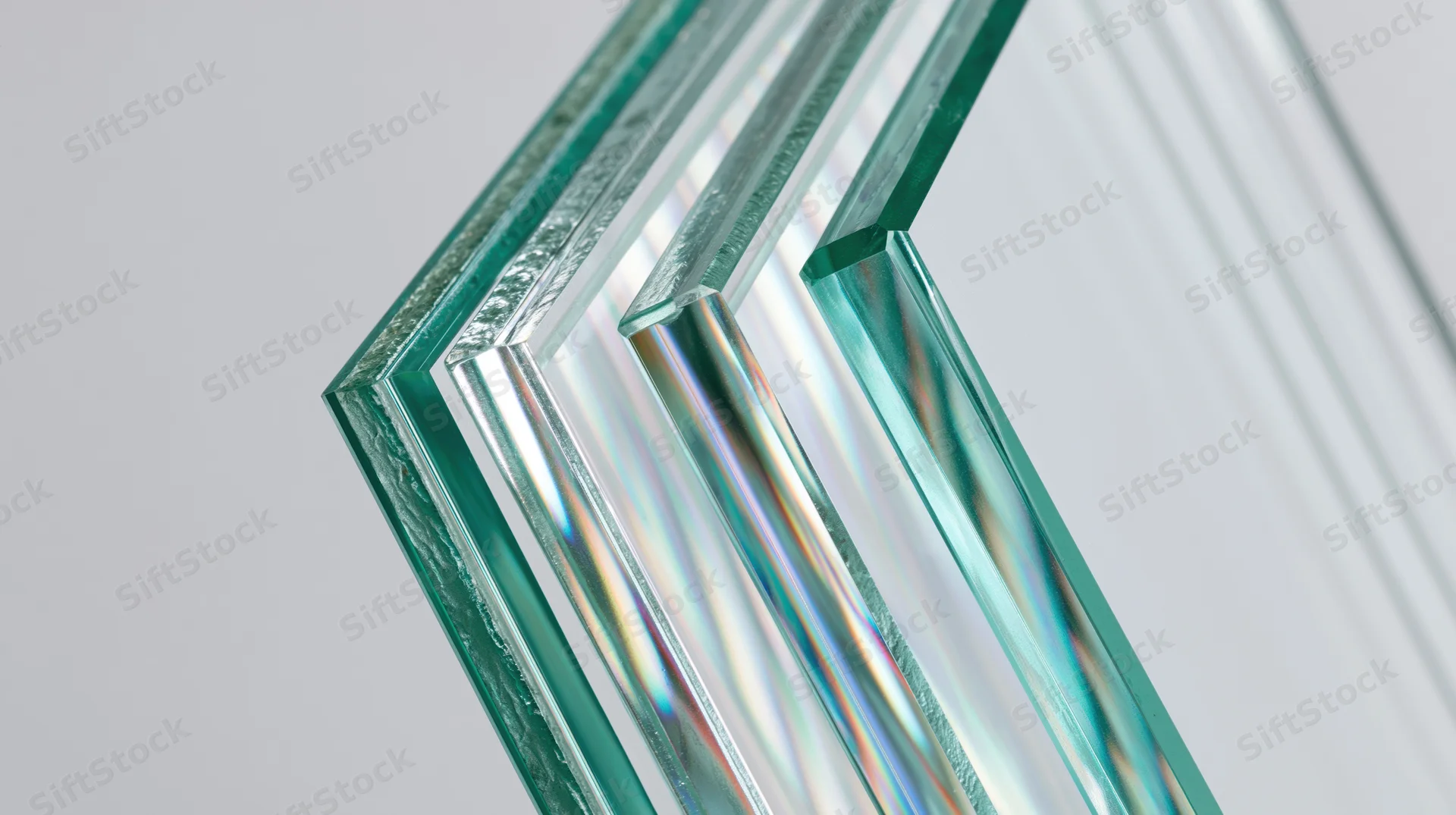 Closeup of stacked fanned float glass sheets showing edge details and light refraction