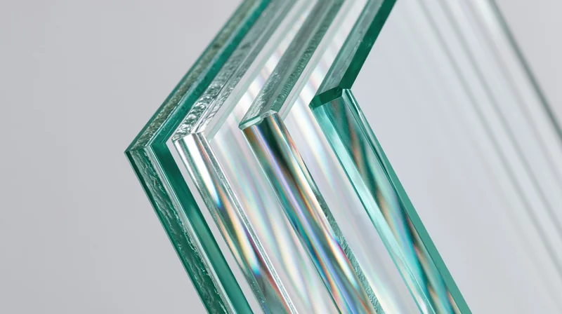 Closeup of stacked fanned float glass sheets showing edge details and light refraction
