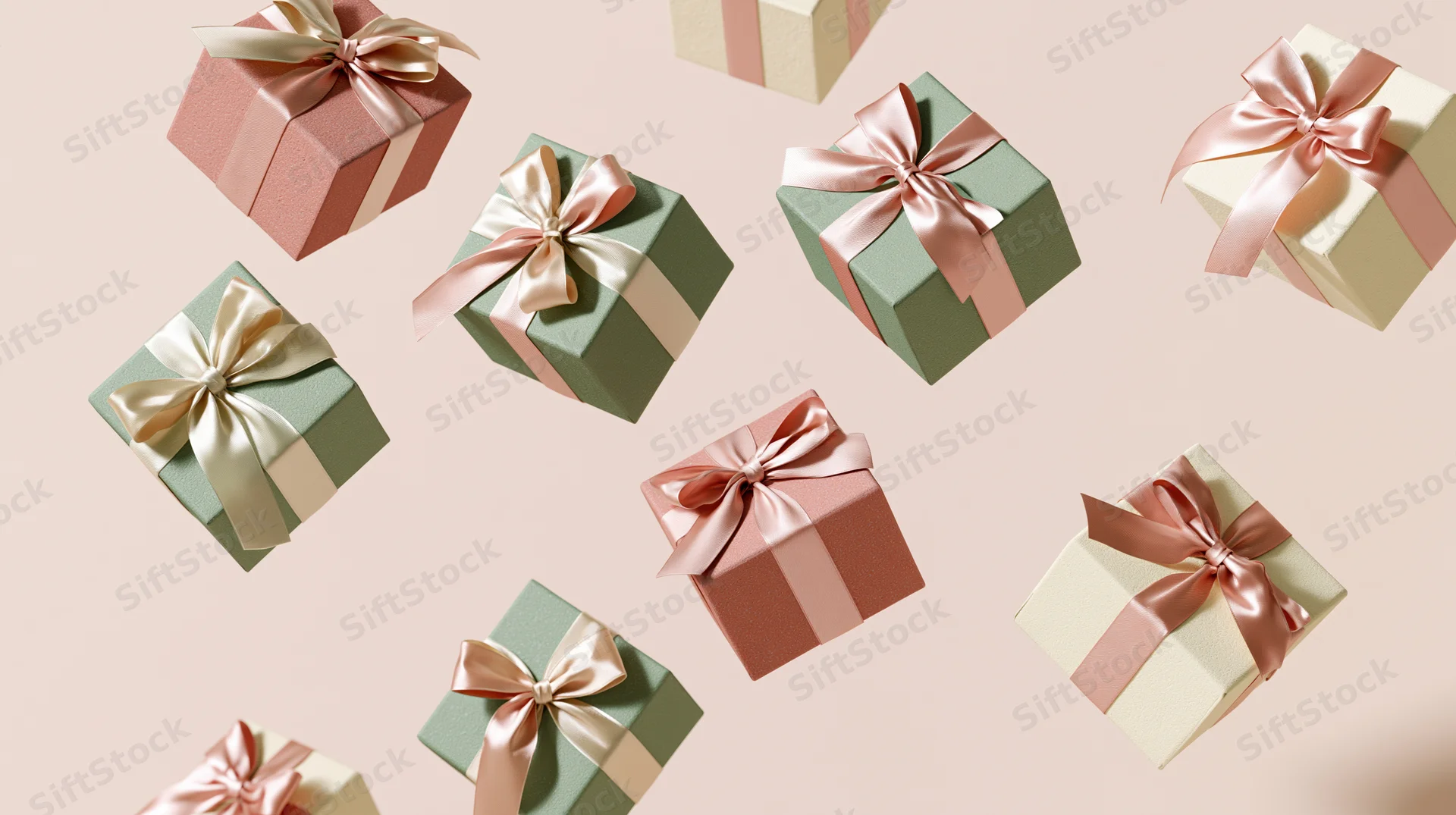 Multiple small gift boxes with satin ribbons and bows floating against a soft pastel background