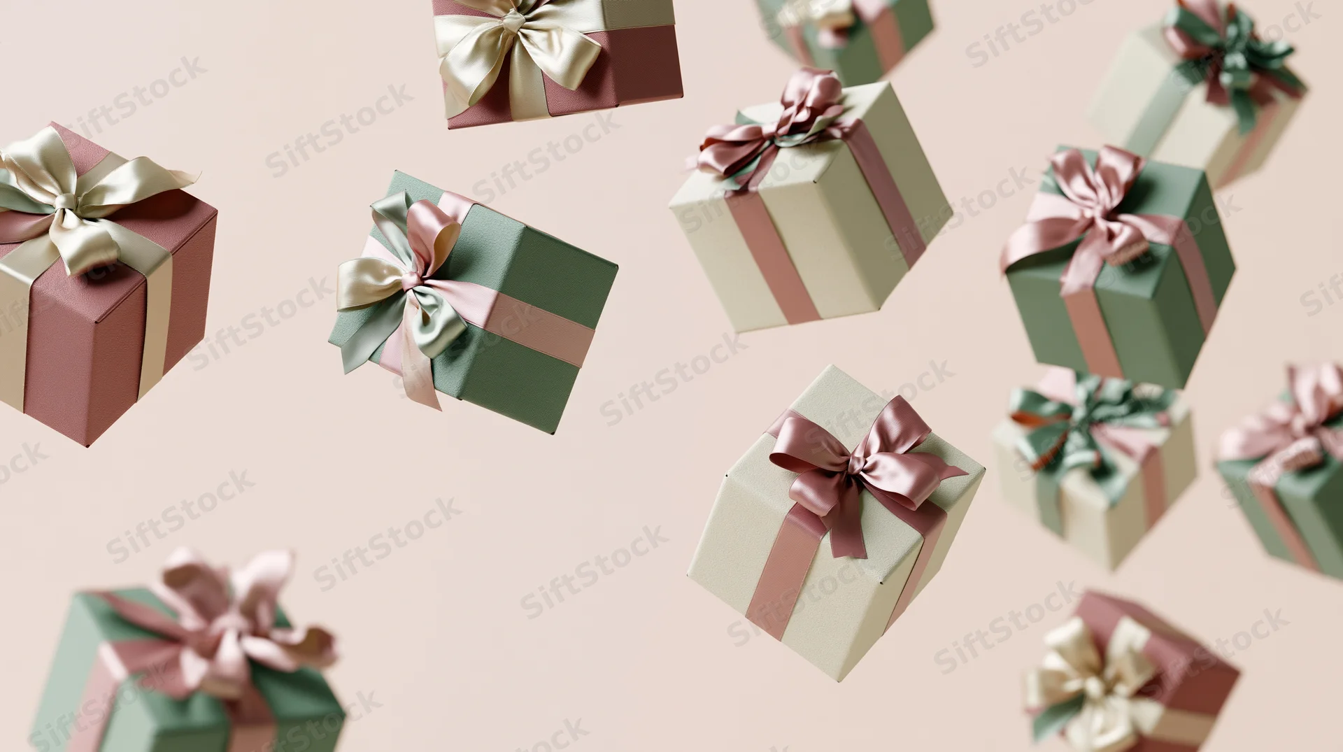 Multiple small gift boxes with satin ribbons and bows floating against a pastel background