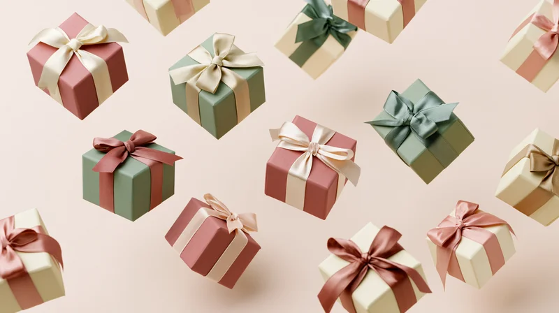 Multiple small gift boxes with satin ribbons and bows floating against a pastel background