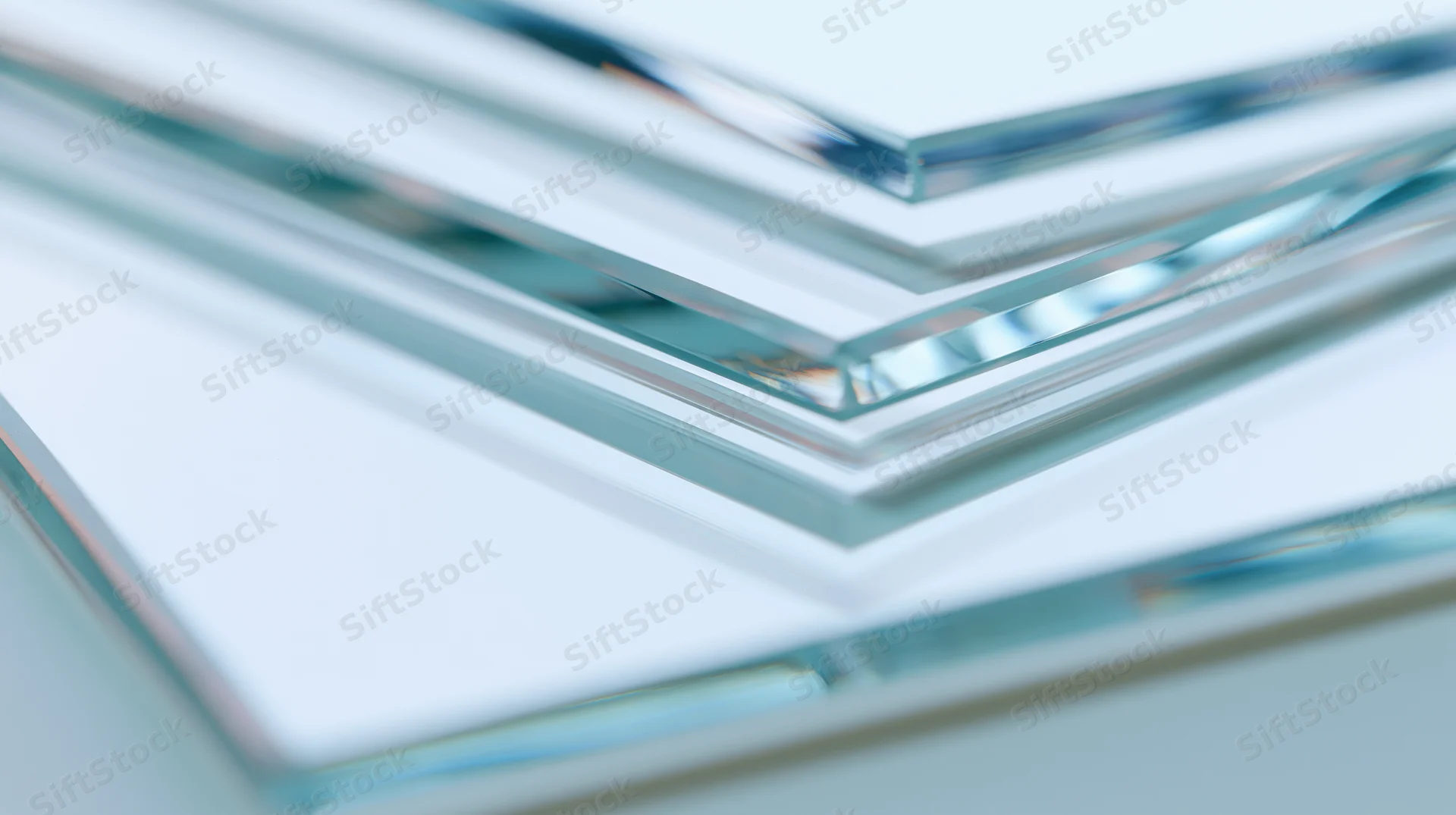 Stacked transparent glass panels arranged in overlapping layers on a white surface