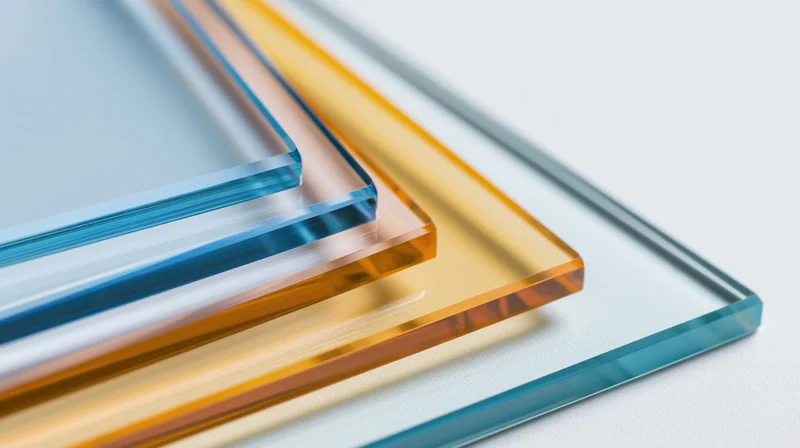 Stacked translucent acrylic and tinted glass sheets arranged diagonally on a white surface