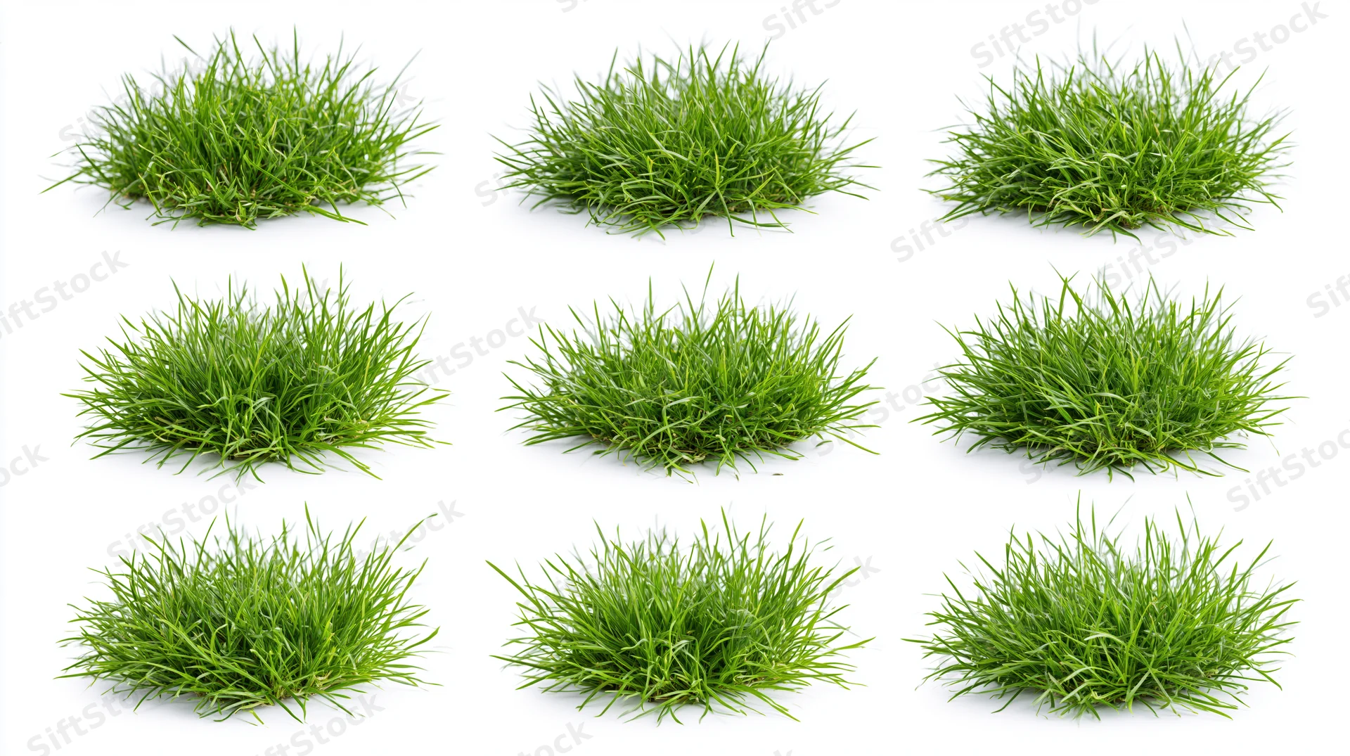 Nine clumps of fresh green grass arranged in a grid on white background
