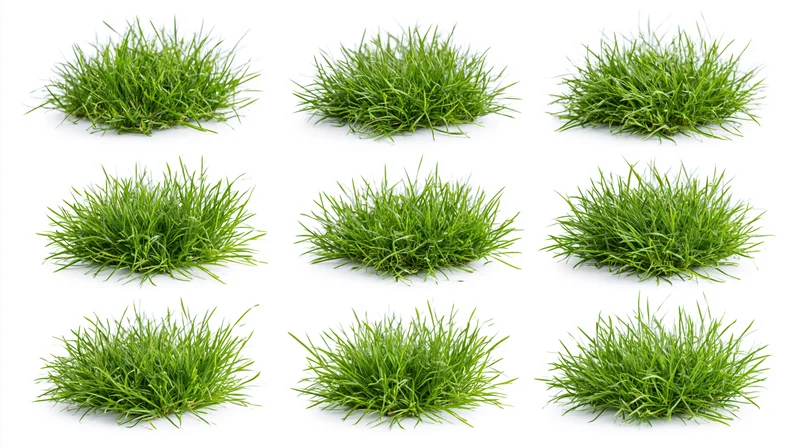 Nine clumps of fresh green grass arranged in a grid on white background