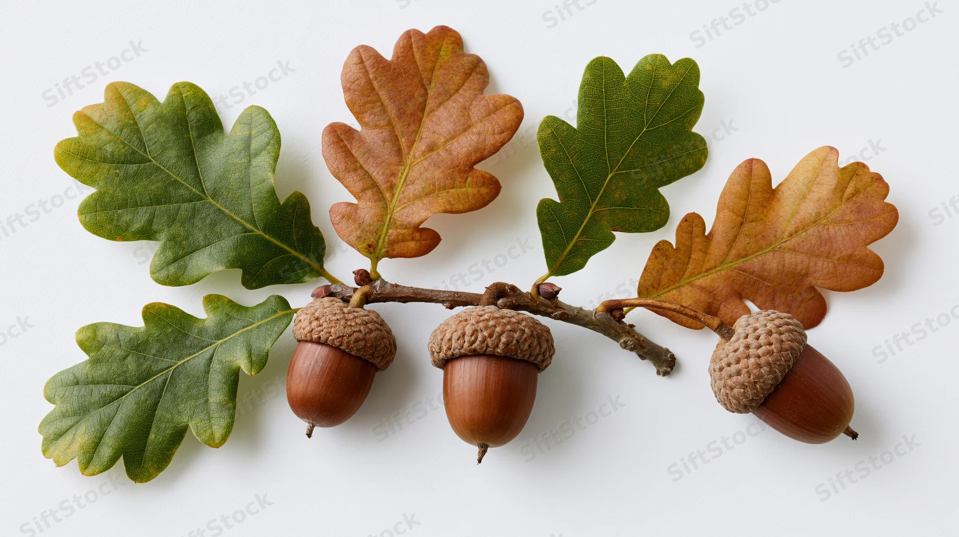 Oak branch with three acorns and autumn leaves arranged horizontally on white background