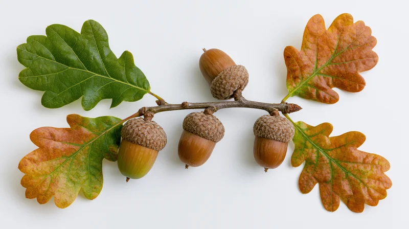 Oak branch with acorns and autumn leaves arranged horizontally on white background