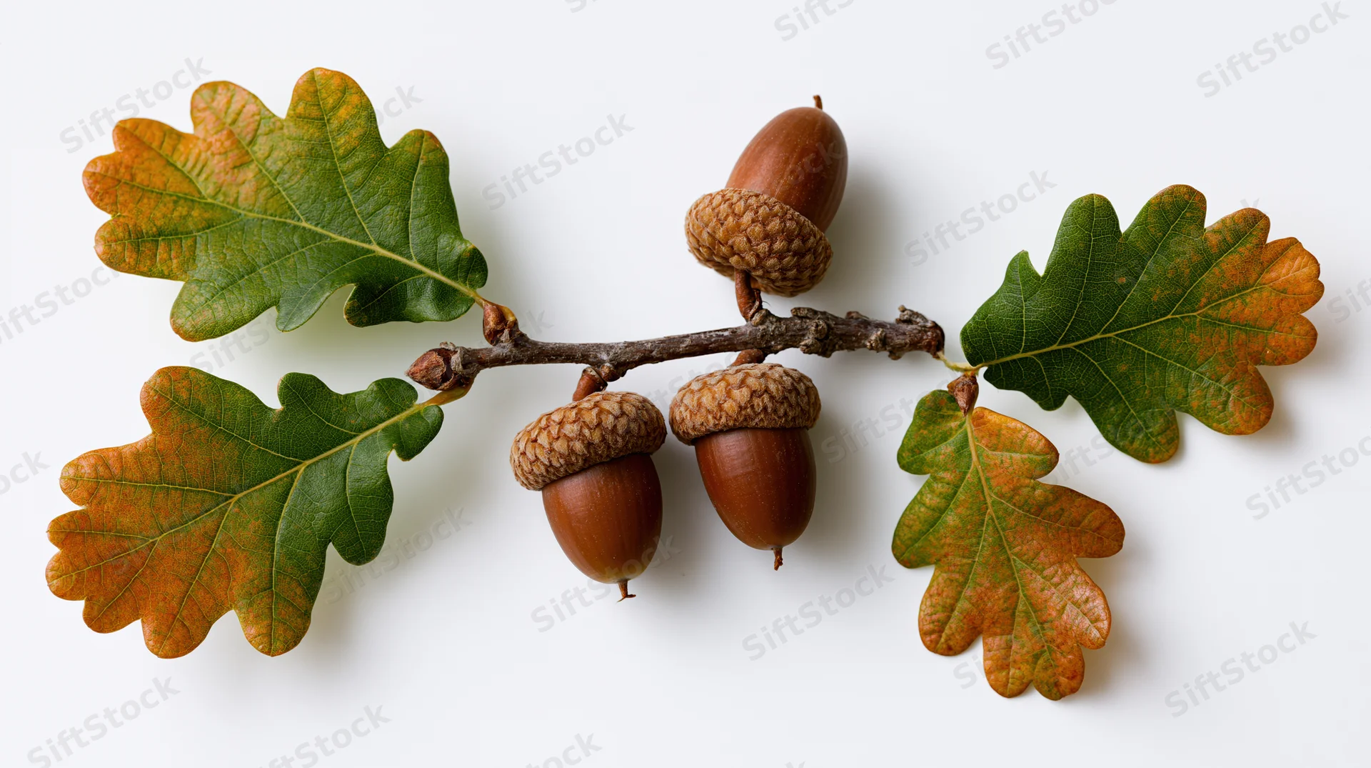 Oak branch with three acorns and autumn leaves arranged horizontally on white background