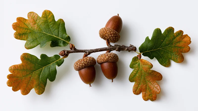 Oak branch with three acorns and autumn leaves arranged horizontally on white background