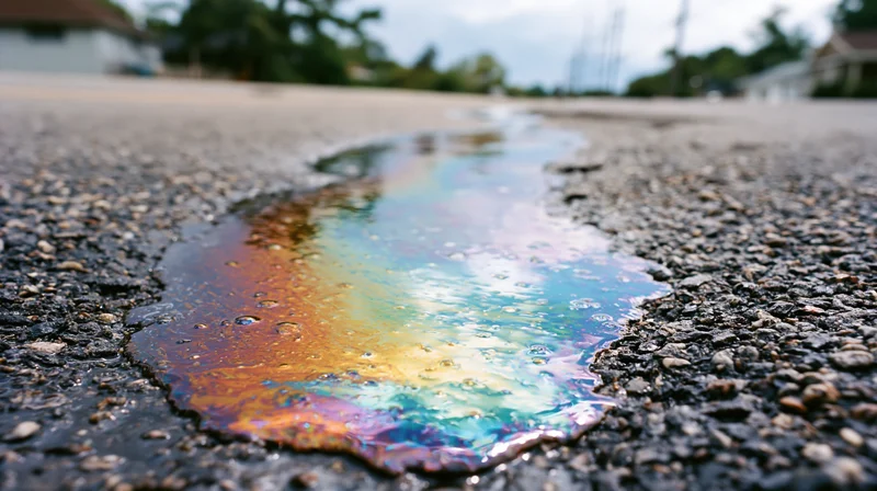 Iridescent oil slick on wet asphalt road surface reflecting rainbow colors