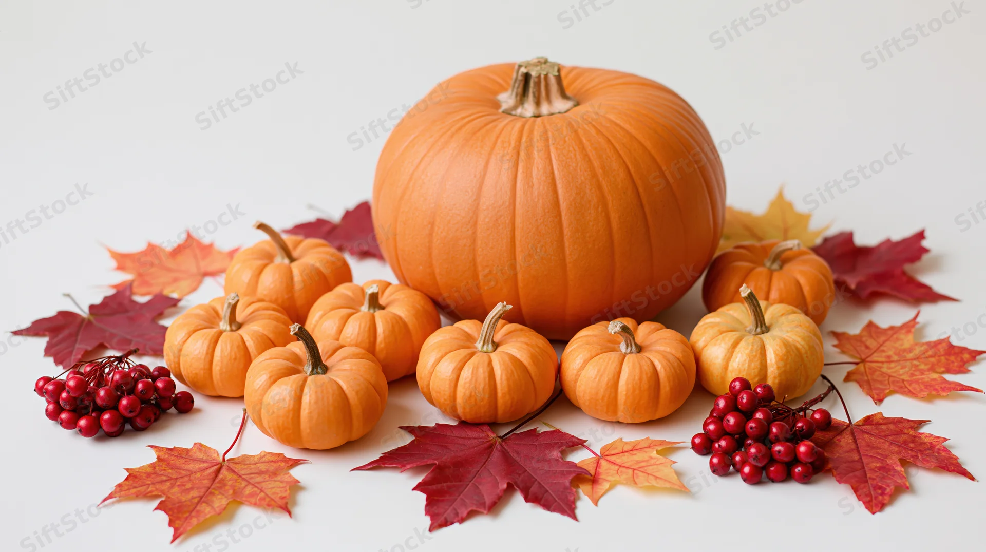 Large orange pumpkin surrounded by small pumpkins and autumn leaves on white background