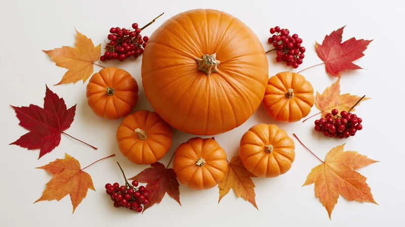 Large orange pumpkin surrounded by small pumpkins and autumn leaves on white background