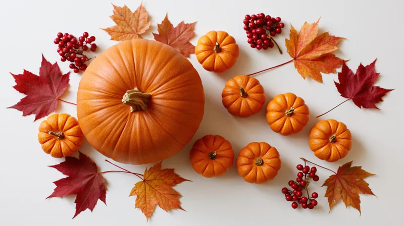 Large orange pumpkin surrounded by small pumpkins and autumn leaves on white surface