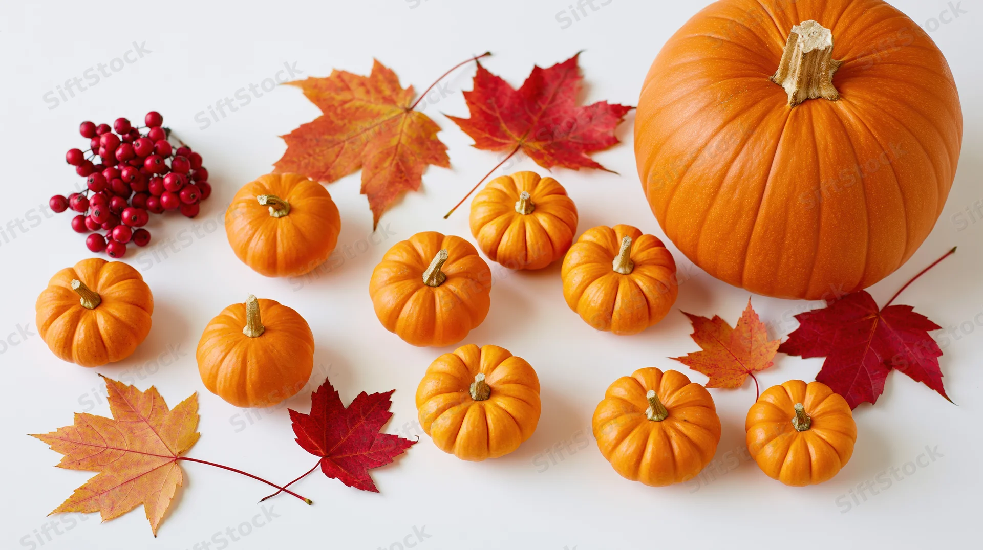 Large orange pumpkin with small pumpkins, red maple leaves and berries arranged on white surface