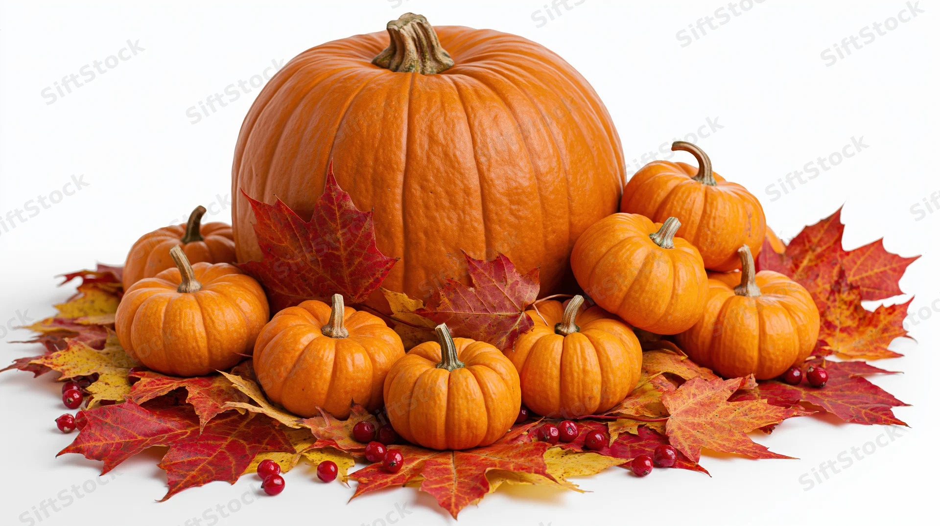 Large orange pumpkin surrounded by small pumpkins and autumn leaves on white background