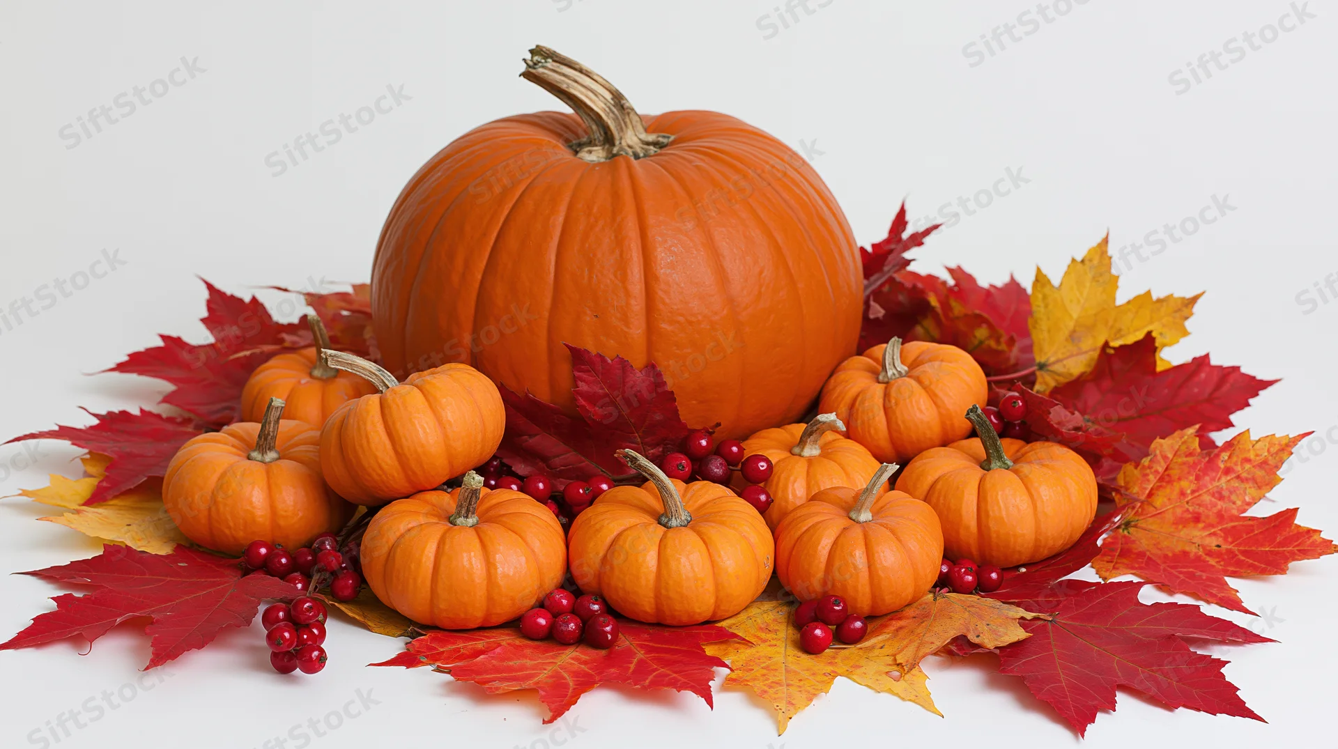 Large orange pumpkin surrounded by small pumpkins and autumn leaves on white background