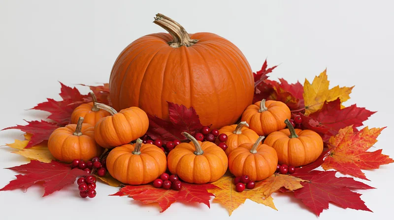 Large orange pumpkin surrounded by small pumpkins and autumn leaves on white background
