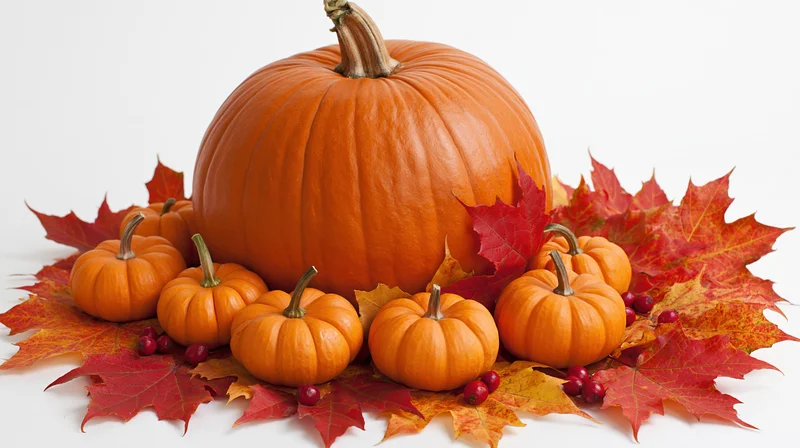 Large orange pumpkin surrounded by small pumpkins and autumn leaves on white background