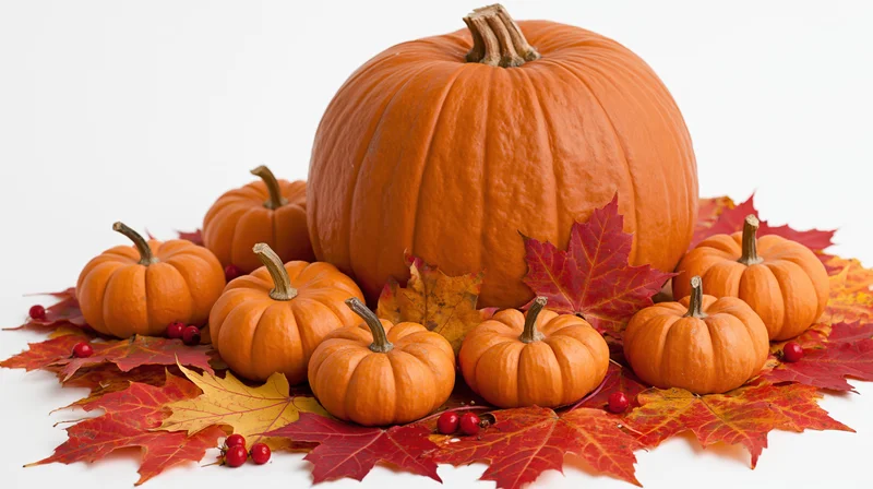 Large orange pumpkin surrounded by small pumpkins and autumn leaves on white background