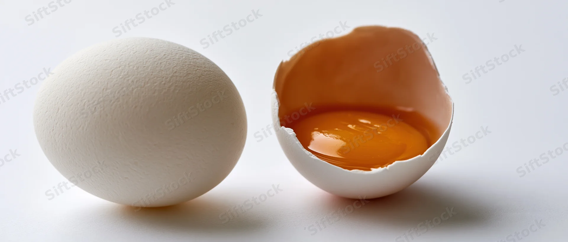 Whole white egg beside cracked shell half containing yolk on plain white surface