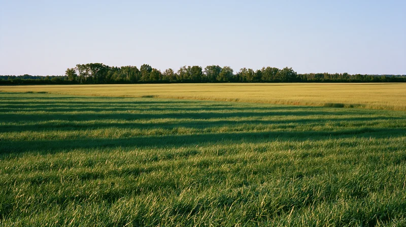 Open grass field stretching to a distant treeline under clear sky